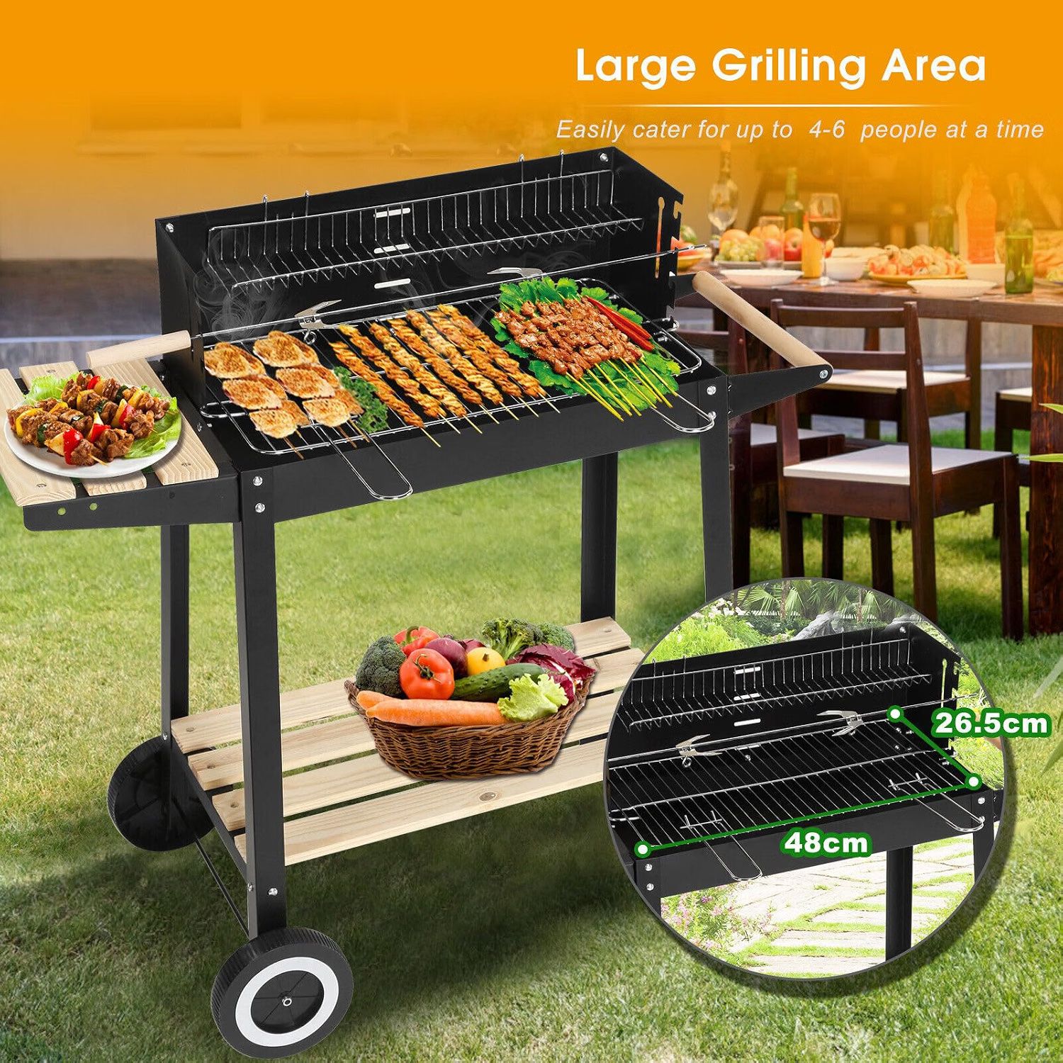 Portable Charcoal BBQ Grill, Trolley Barbecue with Warming Rack &amp; Rotisserie Spit