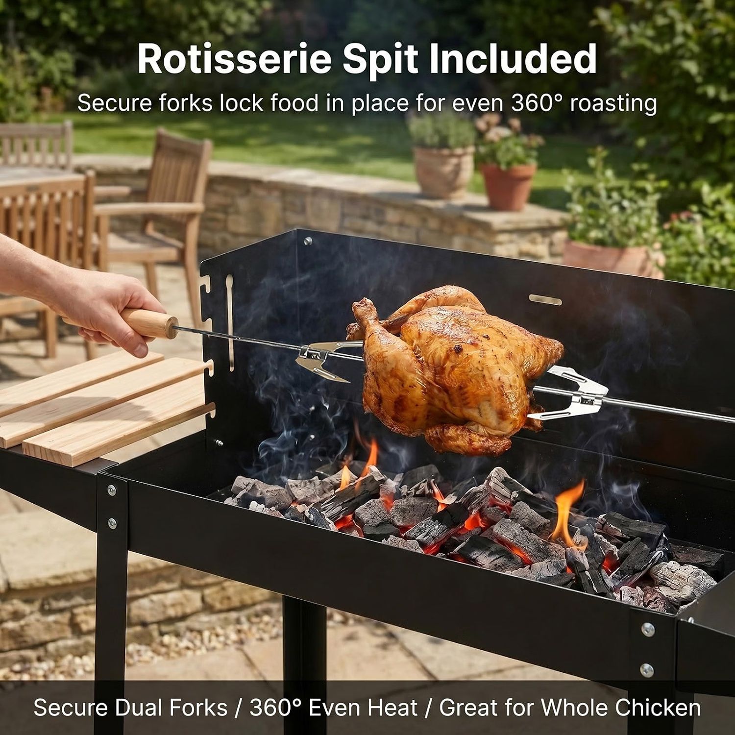 Portable Charcoal BBQ Grill, Trolley Barbecue with Warming Rack &amp; Rotisserie Spit