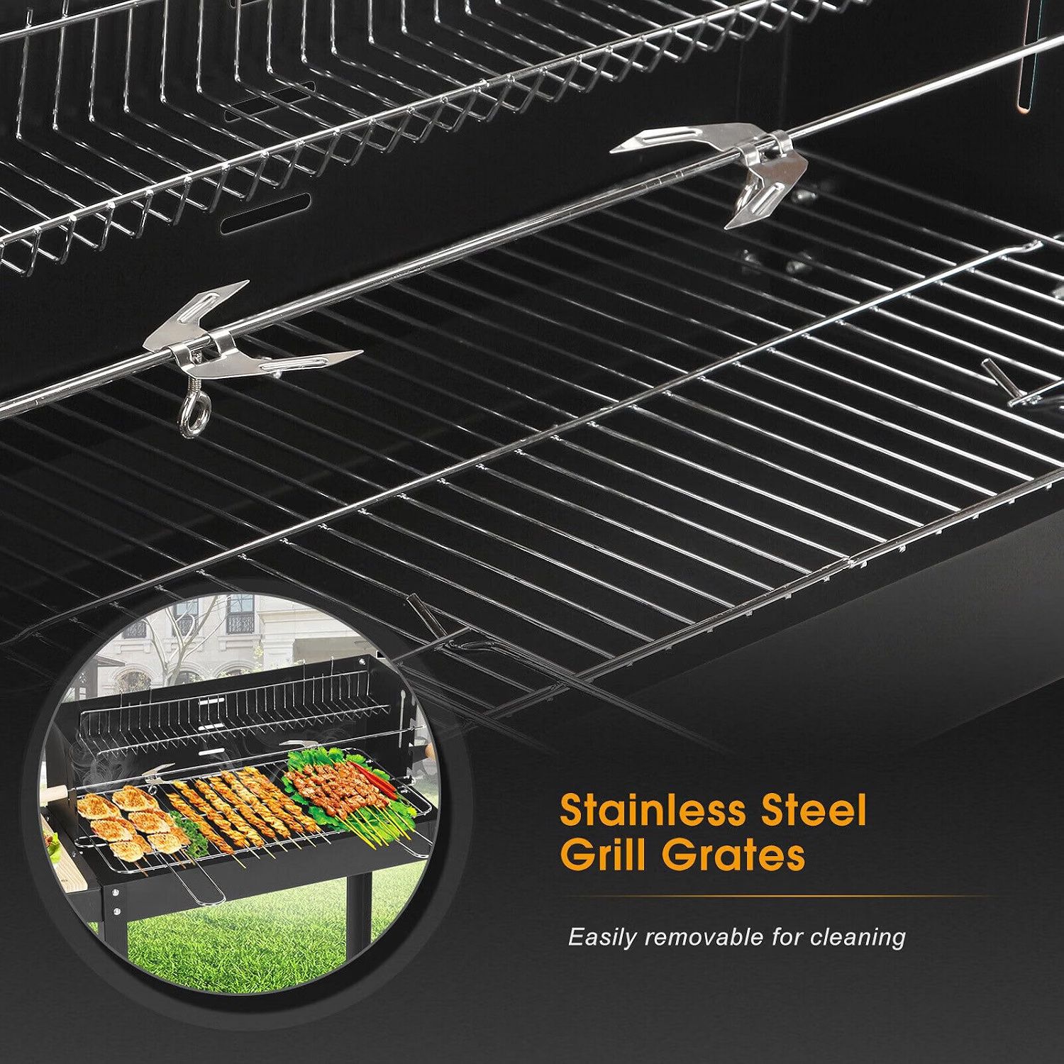 Portable Charcoal BBQ Grill, Trolley Barbecue with Warming Rack &amp; Rotisserie Spit