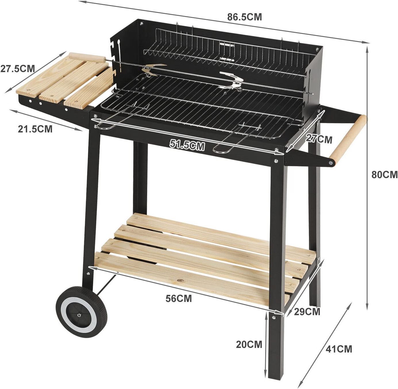 Portable Charcoal BBQ Grill, Trolley Barbecue with Warming Rack &amp; Rotisserie Spit