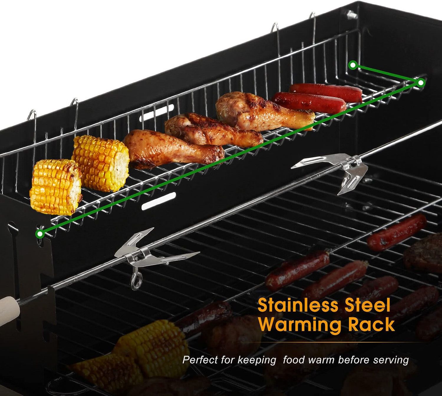 Portable Charcoal BBQ Grill, Trolley Barbecue with Warming Rack &amp; Rotisserie Spit