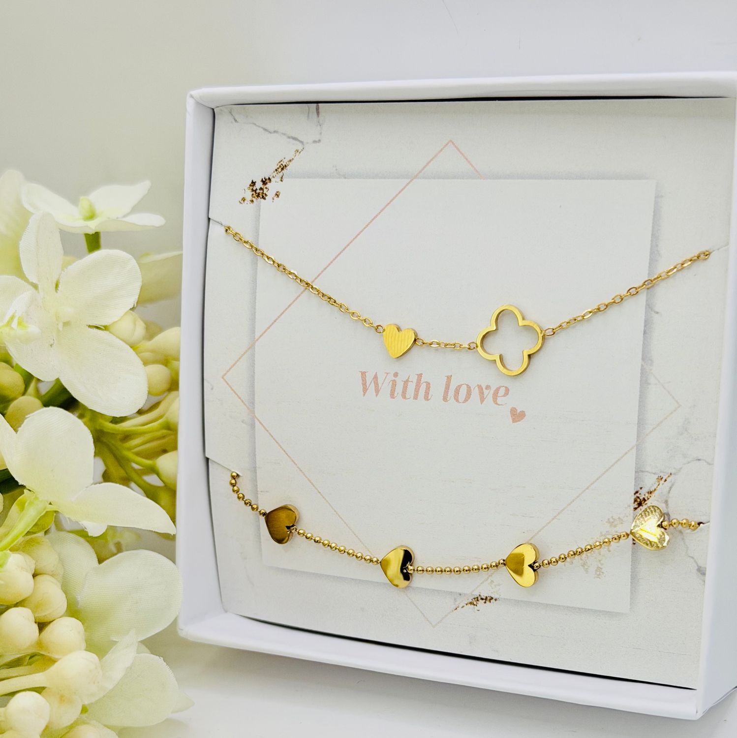 Hearts and Clover Bracelet Set Gold