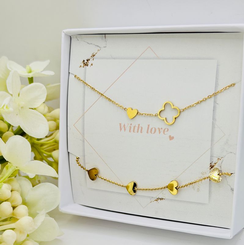 Hearts and Clover Bracelet Set Gold