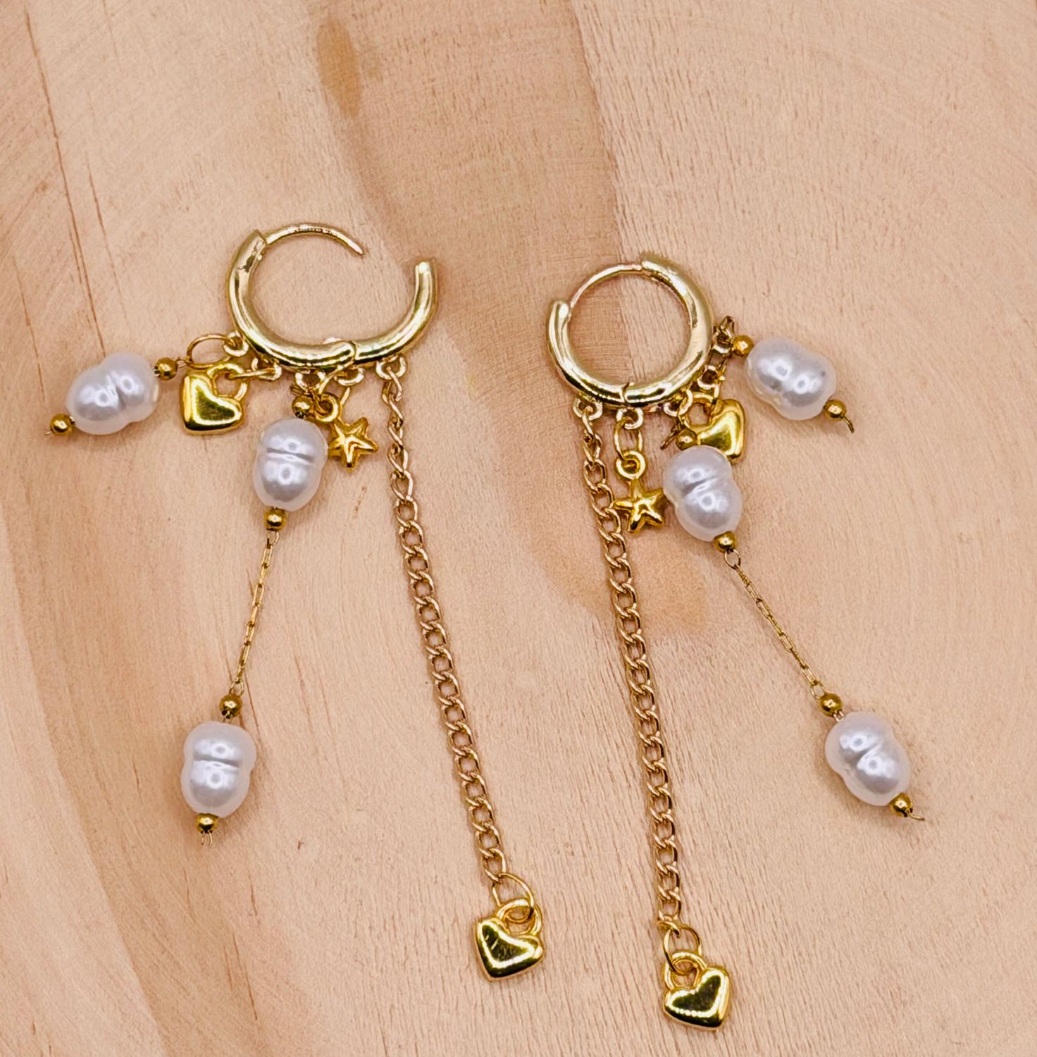 Golden Pearl Charm Hoops