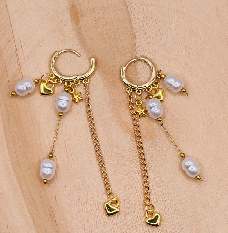 Golden Pearl Charm Hoops