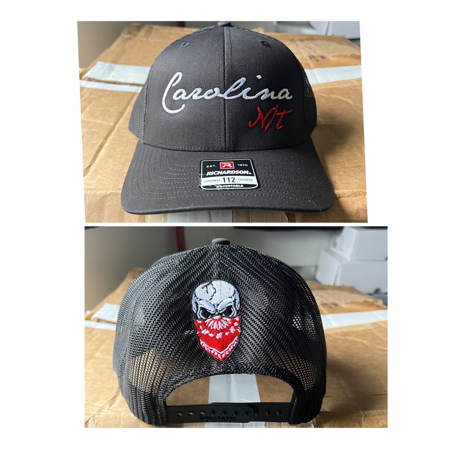 Black / white & red  cursive letters Trucker hat