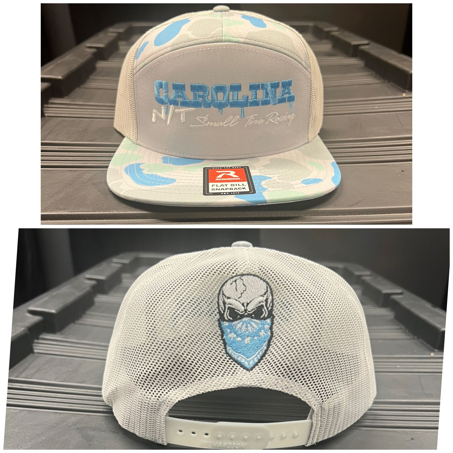 Camo 7 panel hat CNT OG letters Blue