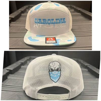 Camo 7 panel hat CNT OG letters Blue