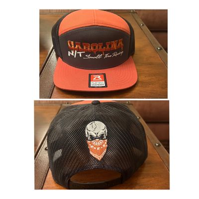 7 panel Rust Orange/Black hat  OG letters