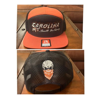7 panel Rust Orange/Black hat new style letters