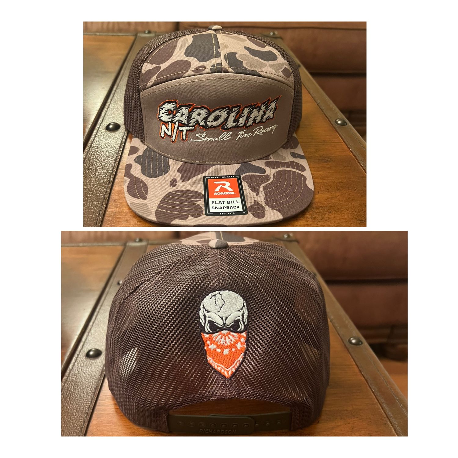 7 panel Dark Brown Camo hat with new style letters