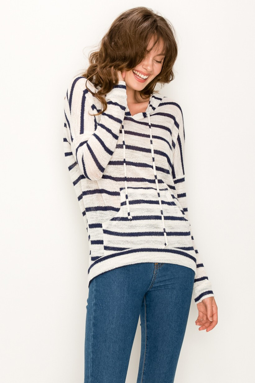 Stripe Sweater Hoodie-Wht