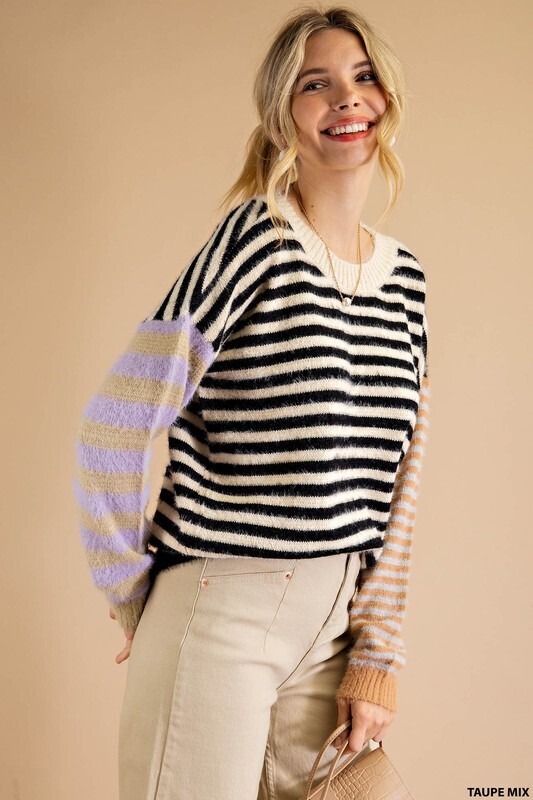Stripe Mix Sweater-Taupe