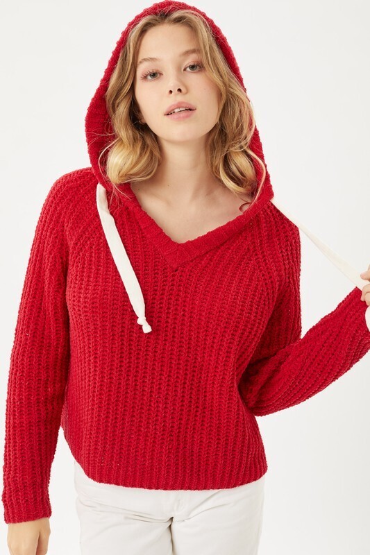 Chunky Rib Hoodie Sweater-Red