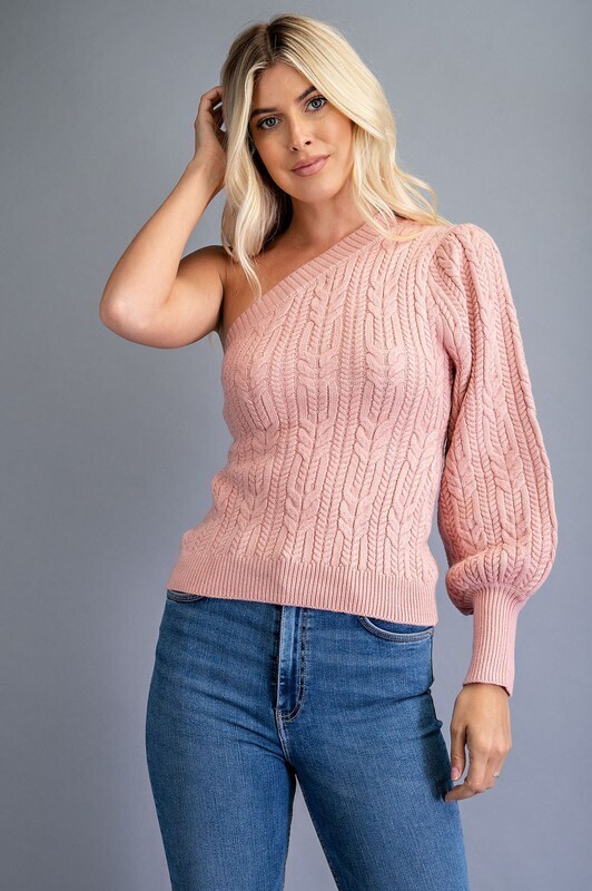 One Shoulder Cable Sweater-Blush