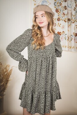 Dotted Long Sleeve Dress-Sage