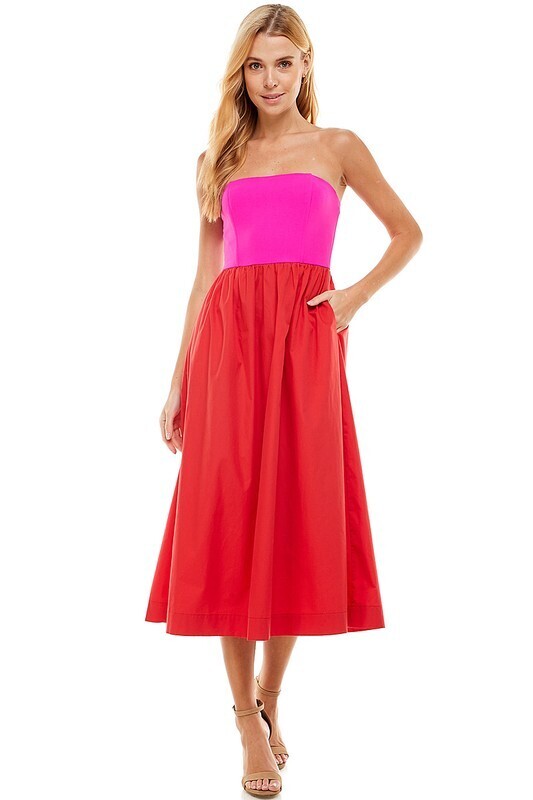 Colorblock Midi Dress-Pink