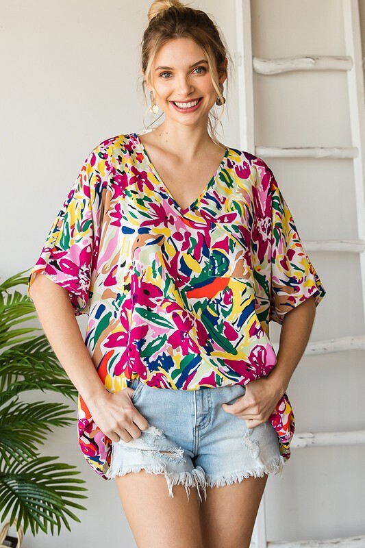 Bright Floral V Neck-Pink