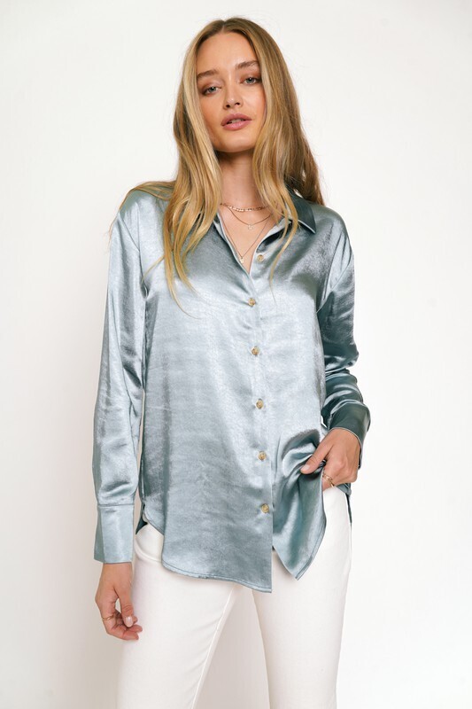 Dream Ocean Satin Unique Print Button Down Pocket Oversized Blouse
