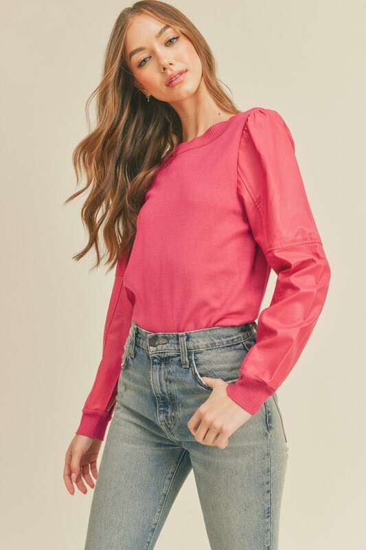 Leather Sleeve Top-Pink