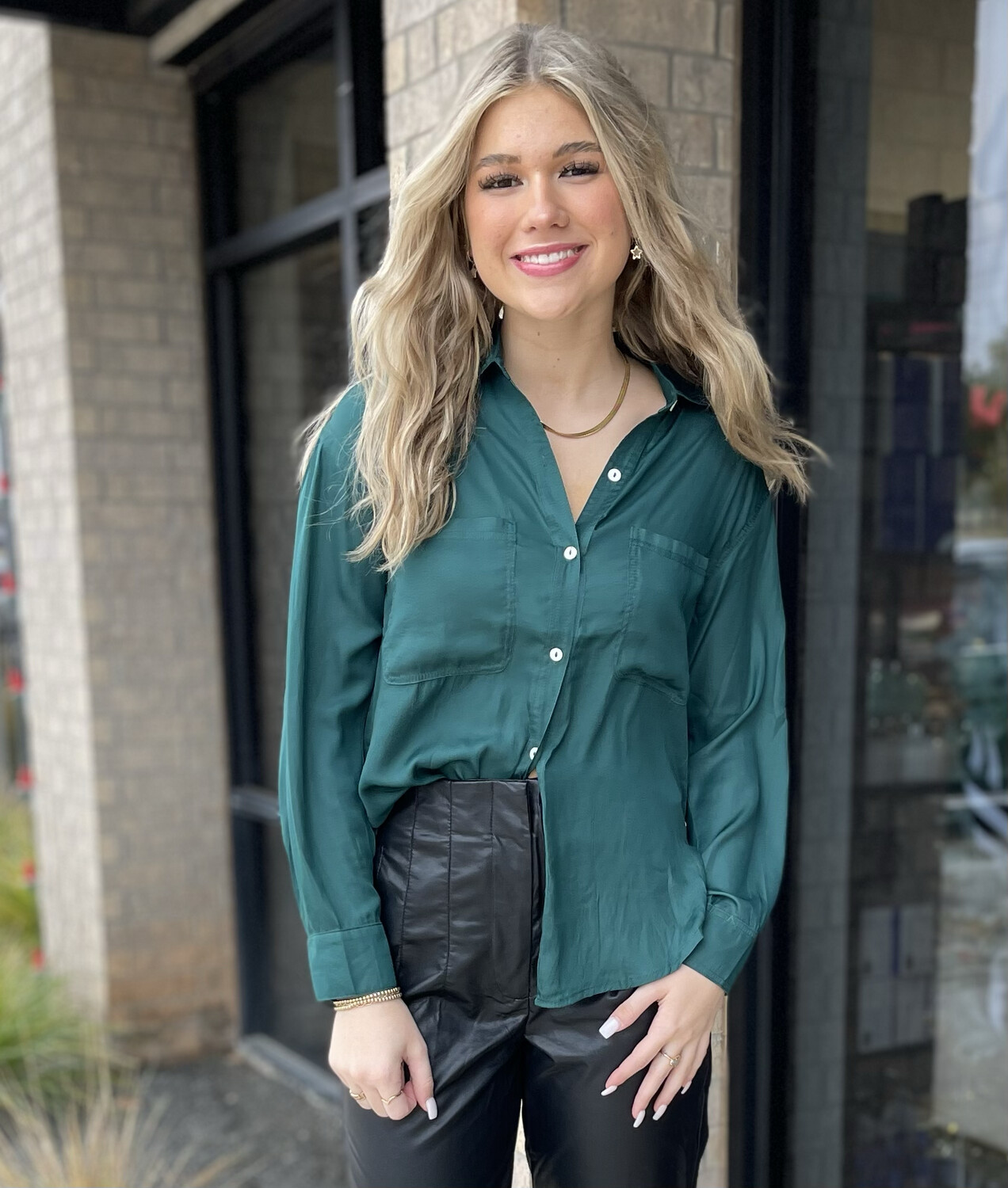 Washed Satin Blouse-Grn