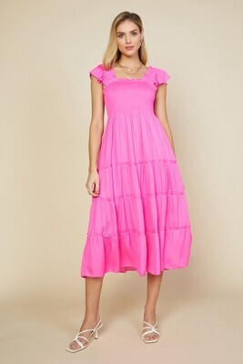 Smocked Midi Ruffle Dress-Pink