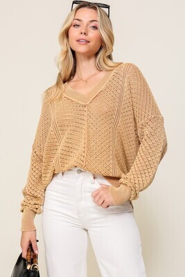 Washed Crochet Sweater-Taupe