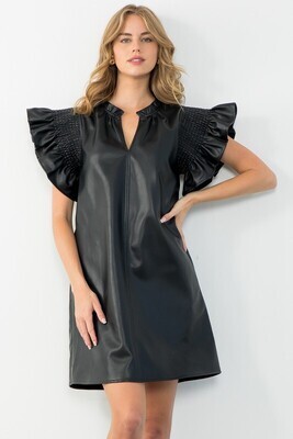 Leather Flutter Sleeve Dress