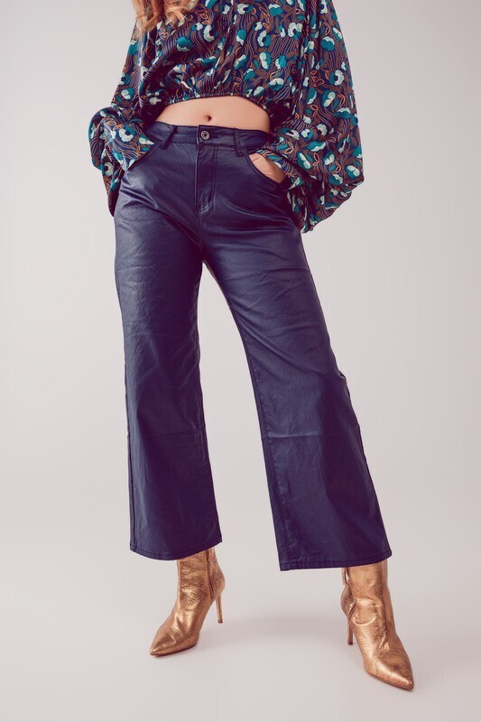 Coated Wide Leg Jeans-Navy