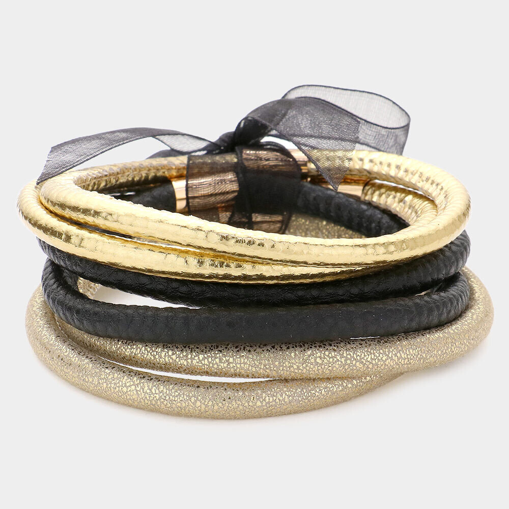 Mixed Leather Bangles-Blk