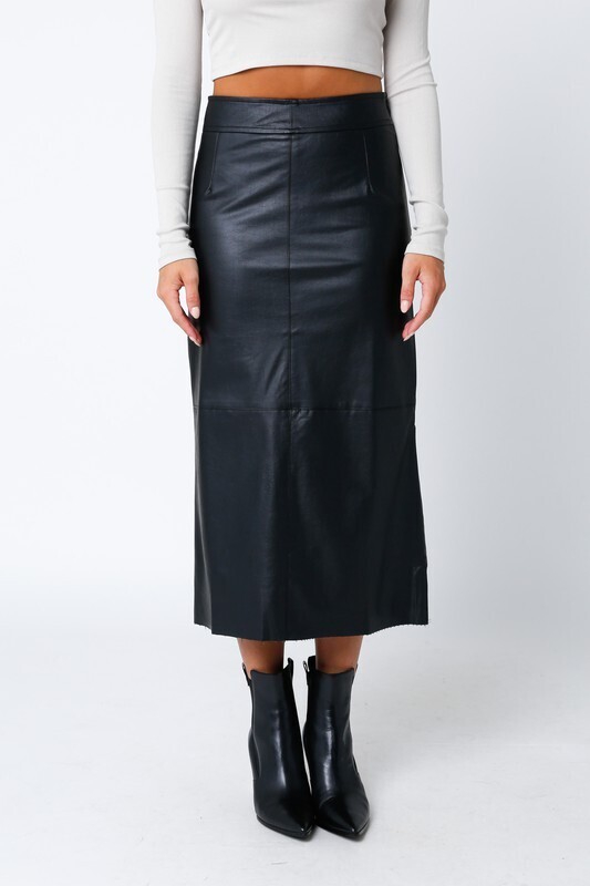 Vegan Leather Midi Skirt-Blk