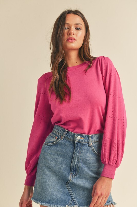 Pointelle Puff Sleeve Sweater-Pink