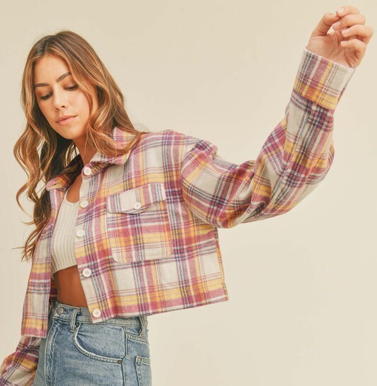 Julie Crop Plaid Shacket-Pink