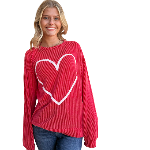 Washed Rib Heart Top-Red