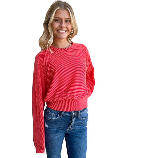 Washed Rib Banded Bottom Top-Red