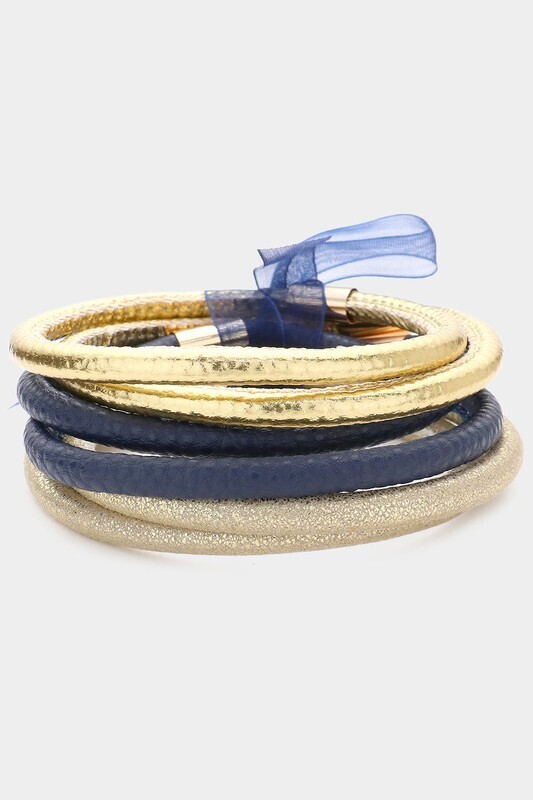 Mixed Leather Bangles-Navy