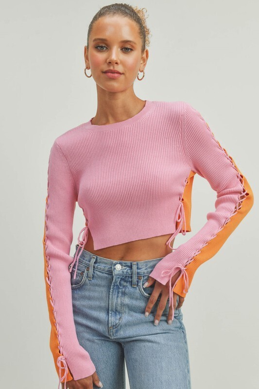 Lace Up Sleeve Crop Sweater