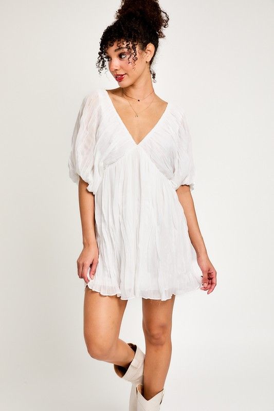 Flowy White V Neck Dress