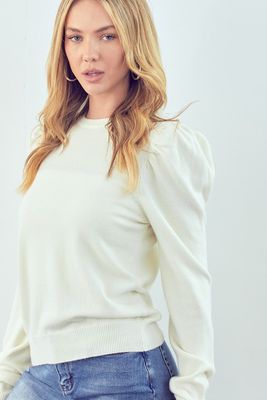 Classic Crew Puff Sleeve Sweater-Cream