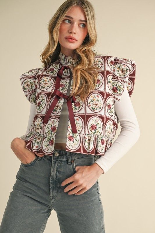 Print Tied Puffy Vest