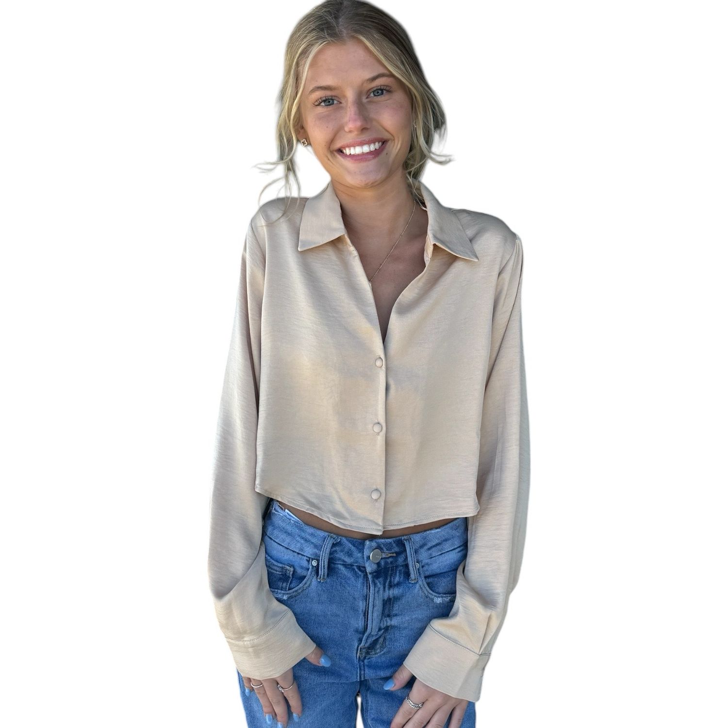 Cropped Silky Blouse-Taupe