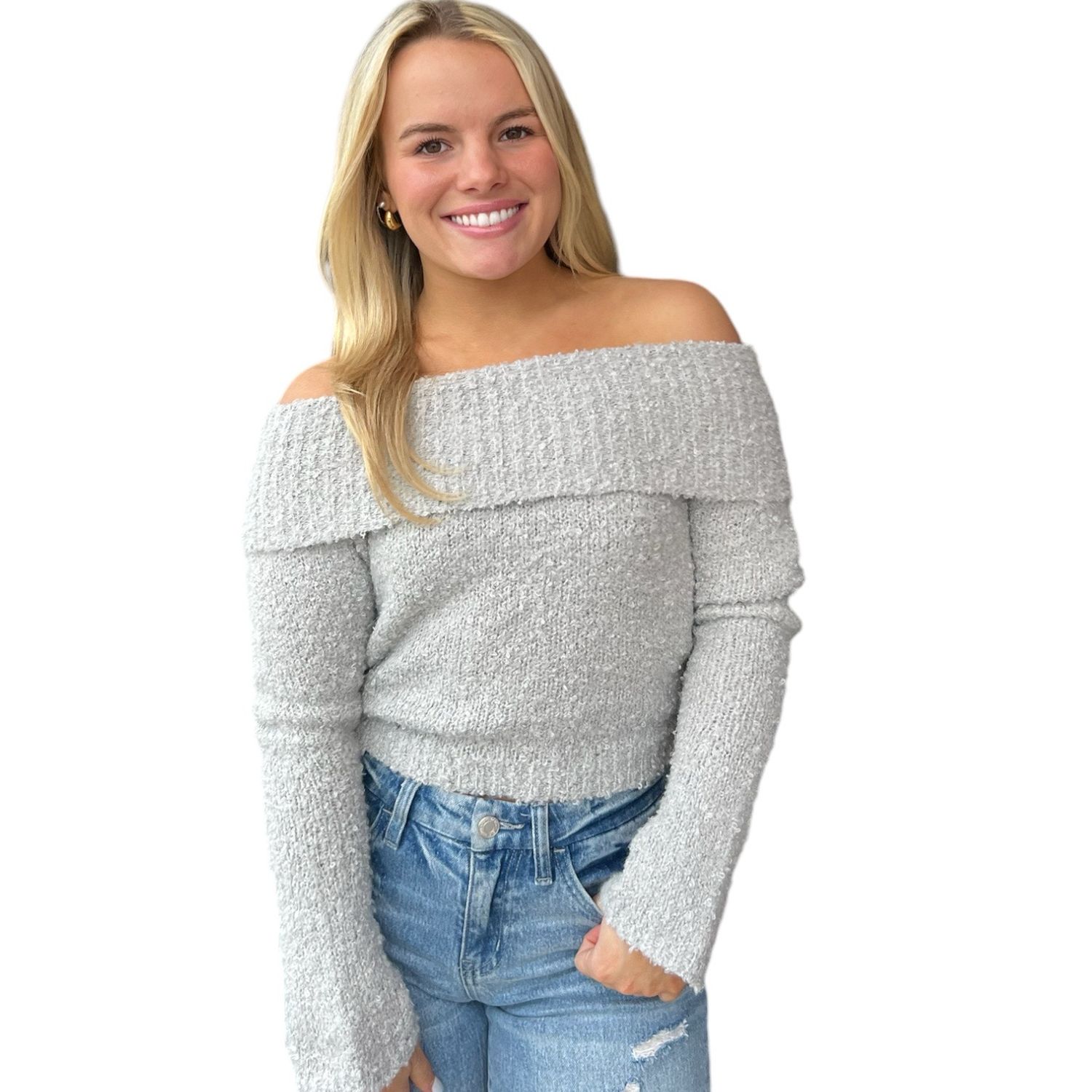 Off Shoulder Sweater-Gry
