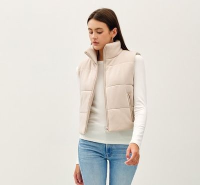Knit Puffer Vest-Tan