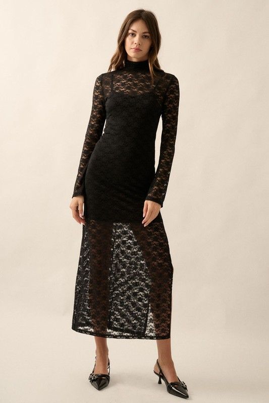 Lace Maxi Lined Evening Dress with Accessory Detail