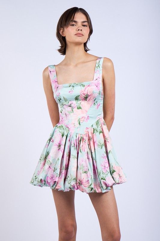 Floral Bubble Hem Dress-Mint