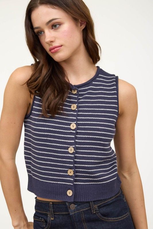 Stripe Sweater Vest Cardi-Nvy