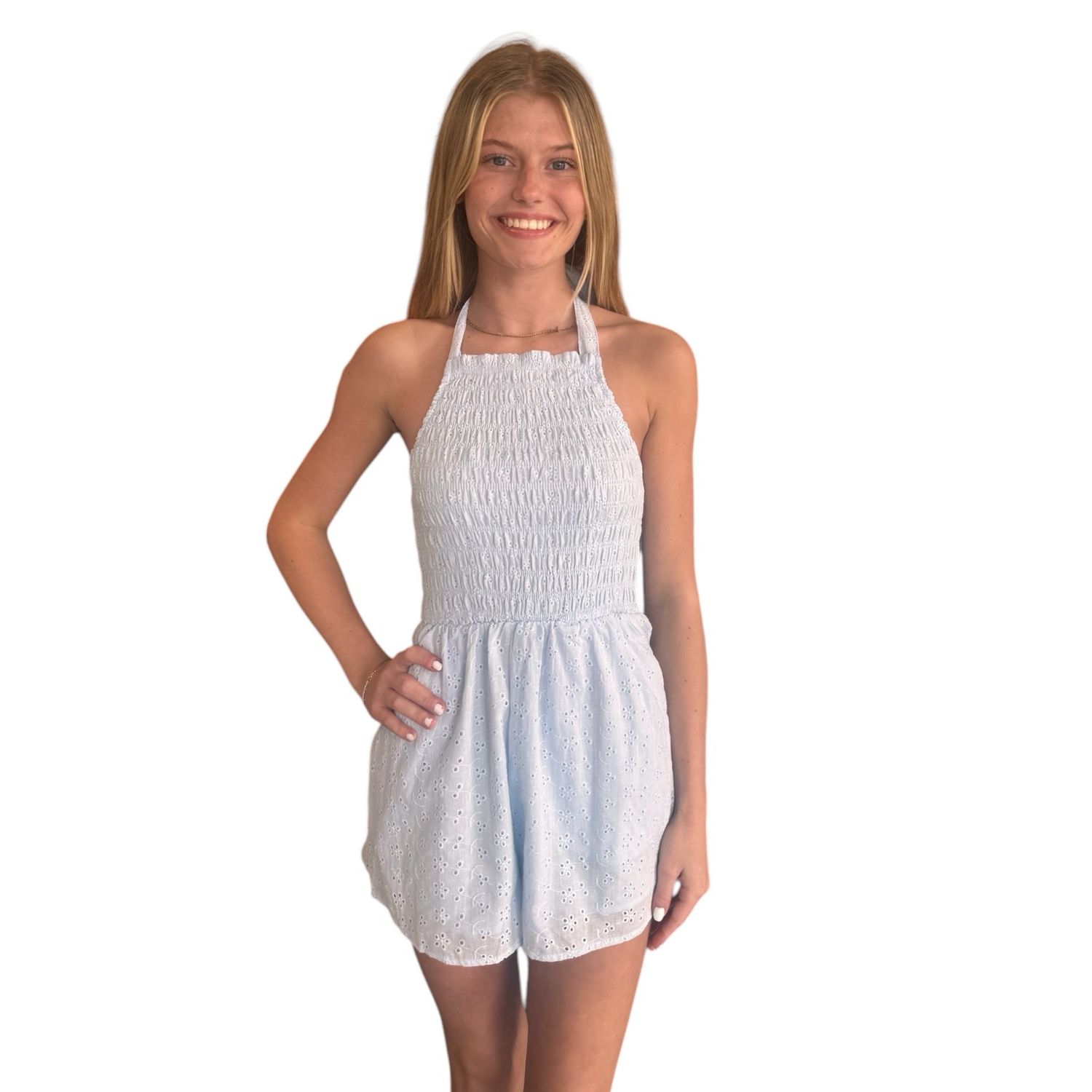 Smocked Eyelet Romper-Blu
