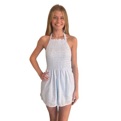 Smocked Eyelet Romper-Blu