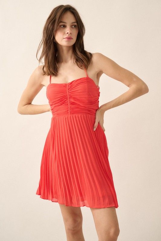 Pleated Halter Dress-Red