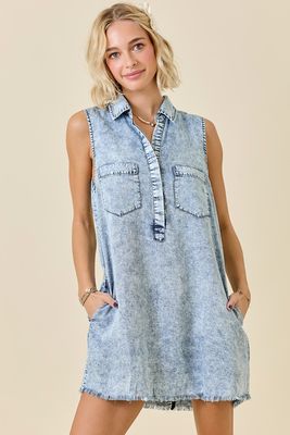 Washed Sleeveless Dress-Denim
